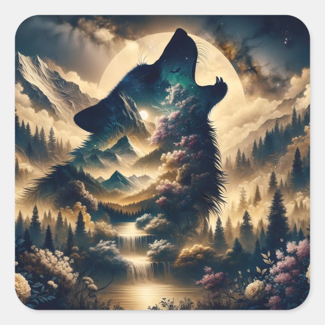 Wolf Howling am Mond Quadratischer Aufkleber (Vorderseite)
