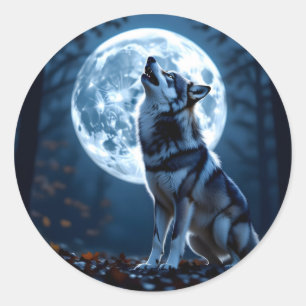 Wolf Howling am Mond Runder Aufkleber