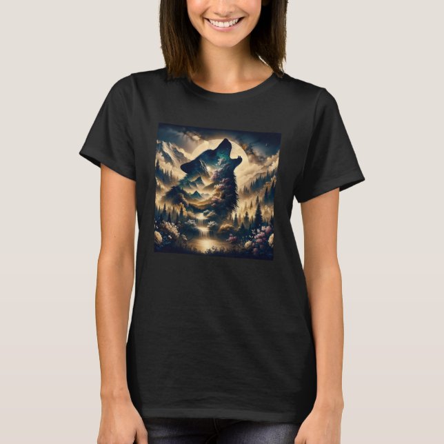 Wolf Howling am Mond T-Shirt (Vorderseite)