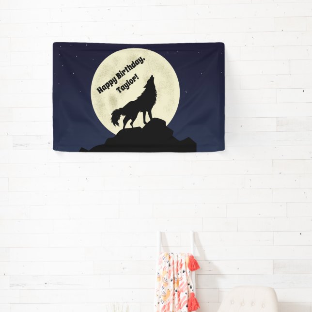 Wolf Howling am Moon Midnight Blue Banner (InSitu)