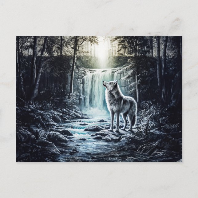 Wolf Howling at Moon by Waterfall Postkarte (Vorderseite)