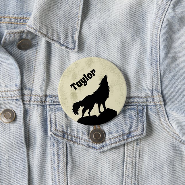 Wolf Howling auf dem Mond Illustration Personalisi Button (Beispiel)