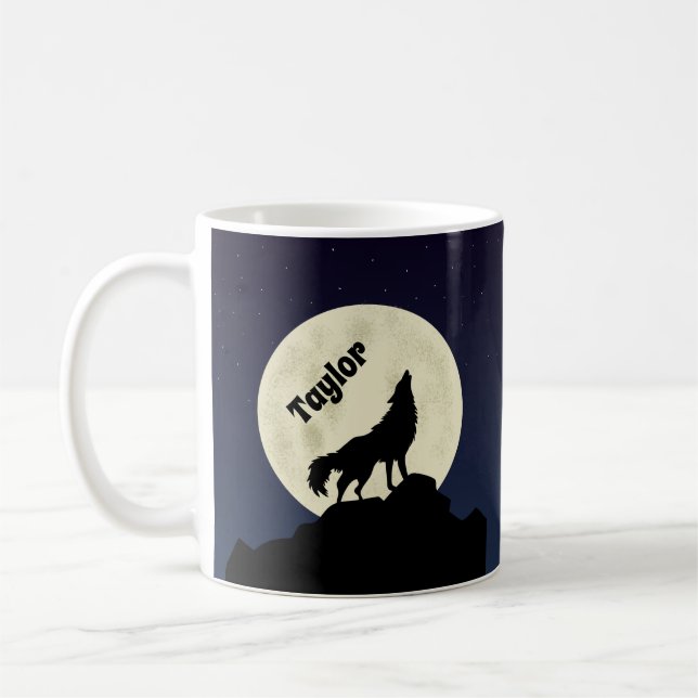 Wolf Howling auf dem Mond Illustration Personalisi Kaffeetasse (Links)