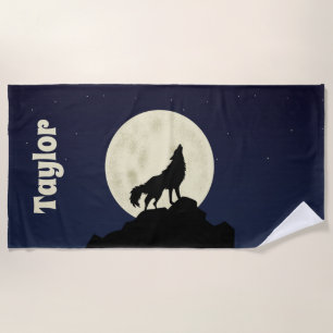 Wolf Howling auf dem Mond Illustration Personalisi Strandtuch