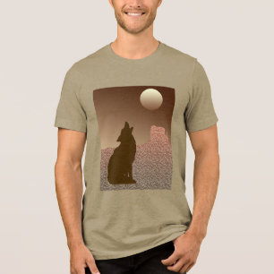 Wolf Howling auf dem Mond in Brown und Tan Tri-Blend Shirt