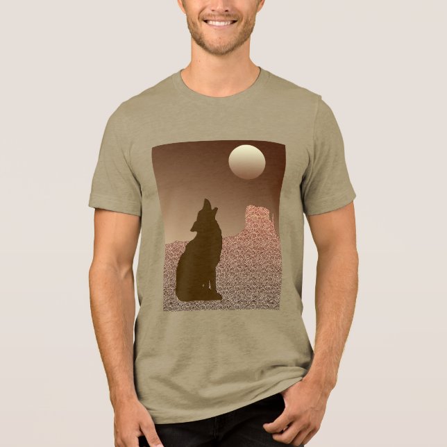 Wolf Howling auf dem Mond in Brown und Tan Tri-Blend Shirt (Vorderseite)