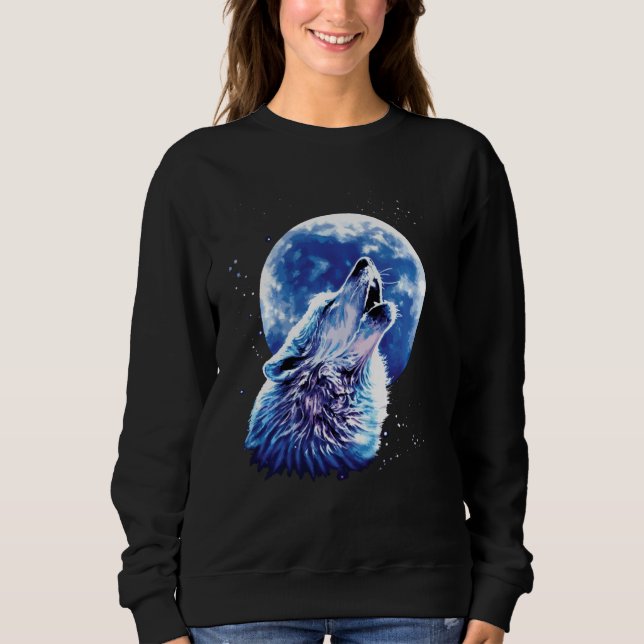 Wolf Howling auf dem Mond Lieben Wölfe Wasserfarbe Sweatshirt (Vorderseite)