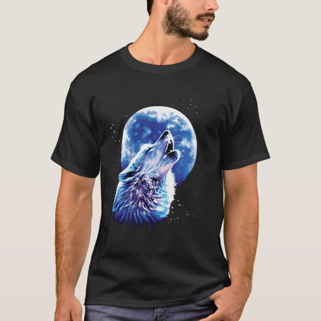 Wolf Howling auf dem Mond Lieben Wölfe Wasserfarbe T-Shirt (Vorderseite)