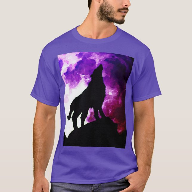 Wolf Howling auf dem Mond Lila T-Shirt (Vorderseite)