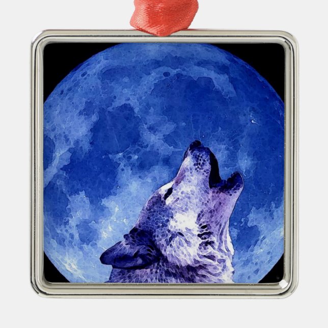Wolf Howling auf dem Mond Ornament Aus Metall (Vorne)