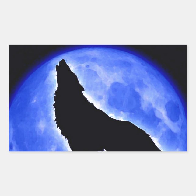 Wolf Howling auf dem Mond Rechteckiger Aufkleber (Vorderseite)