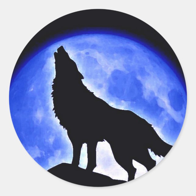 Wolf Howling auf dem Mond Runder Aufkleber (Vorderseite)