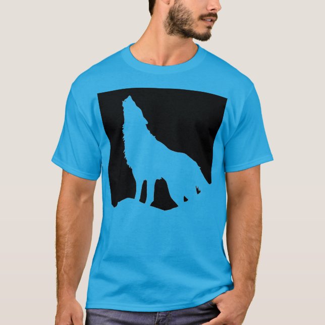 Wolf Howling auf dem Moon Pop Art Aquamarin Blue T-Shirt (Vorderseite)