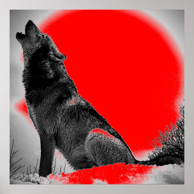 Wolf Howling auf dem Moon Red Pop Art Poster (Vorne)
