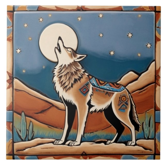 Wolf Howling auf dem Moon Southwestern Style Südwe Fliese (Vorderseite)