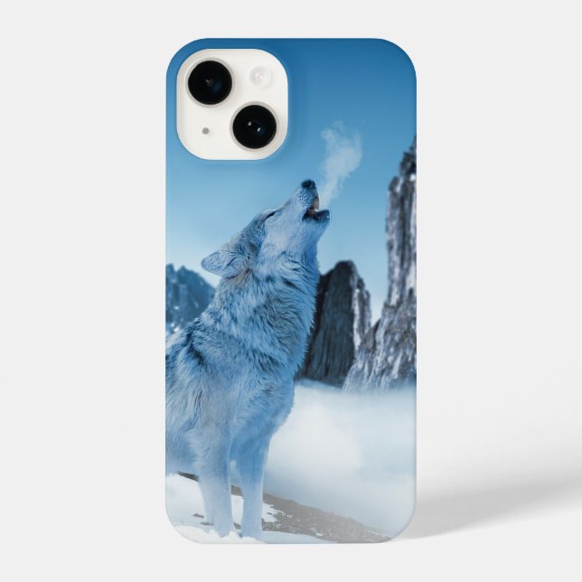 Wolf Howling auf einem Schneeberg im Winter iPhone Hülle (Rückseite)