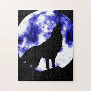 Wolf Howling bei Moon Blue Nşght Fullmoon Puzzle