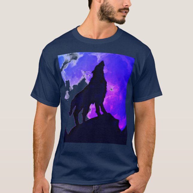 Wolf Howling bei Moon Blue T-Shirt (Vorderseite)