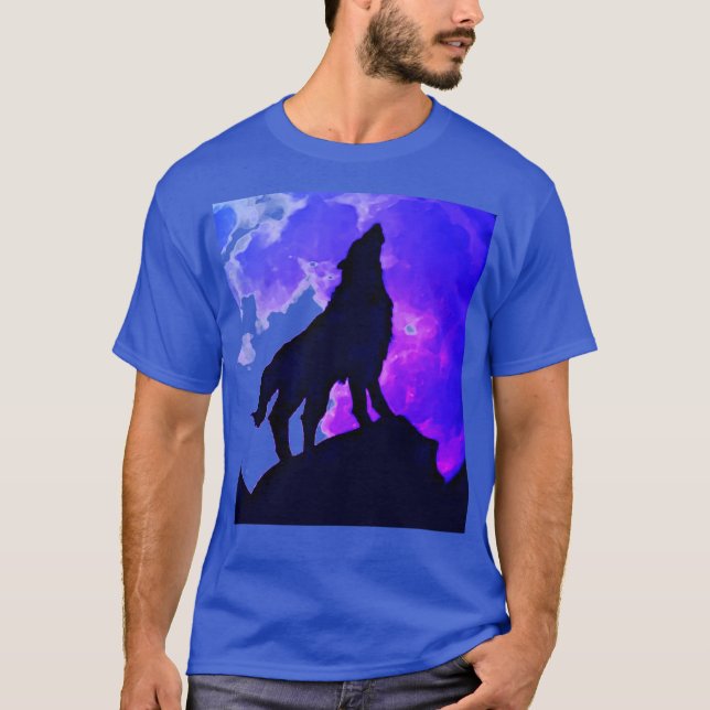 Wolf Howling bei Moon Deep Royal Blue T-Shirt (Vorderseite)