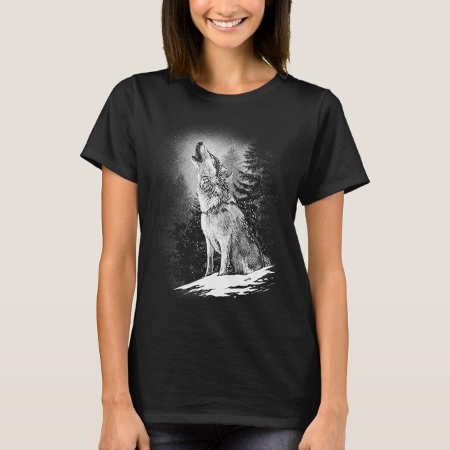 Wolf Howling bei Moon Lone Alpha Indianeramerikane T-Shirt (Vorderseite)