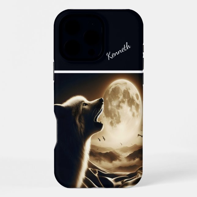 Wolf Howling bei Vollmond iPhone Hülle (Rückseite)