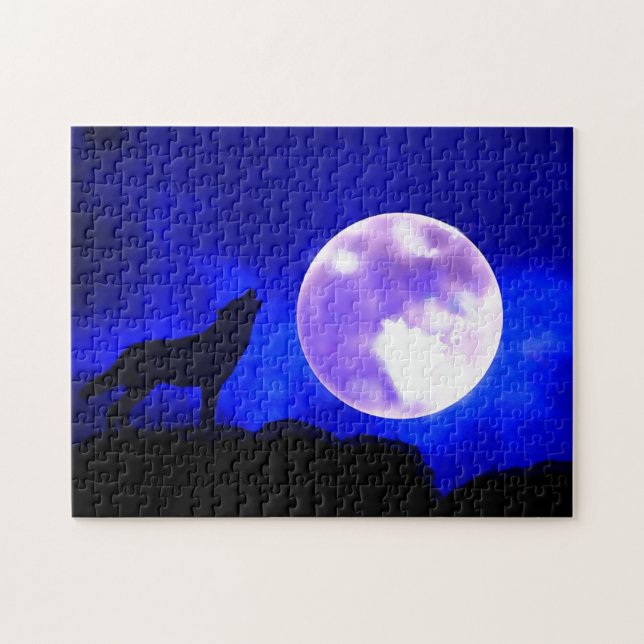 Wolf Howling beim Moon Blue Night Artwork Tierart Puzzle (Horizontal)