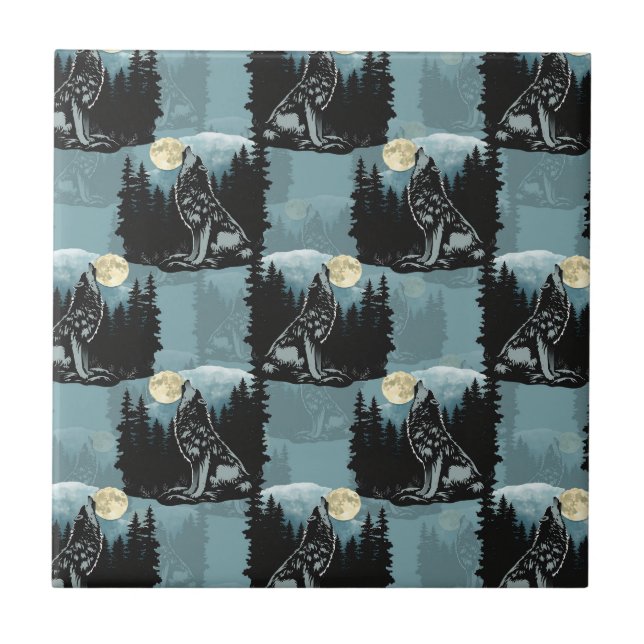 Wolf Howling beim Moon-Muster-Design Fliese (Vorderseite)