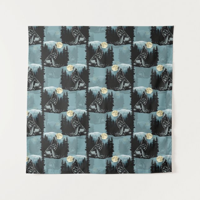 Wolf Howling beim Moon-Muster-Design Wandteppich (Vorderseite)