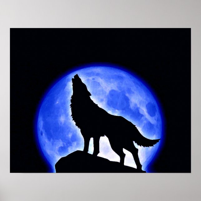 Wolf Howling Blue Full Moon Night Poster (Vorne)