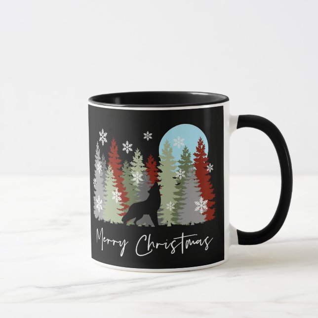 Wolf Howling im Wald frohe Weihnachtsbaumen Tasse (Rechts)