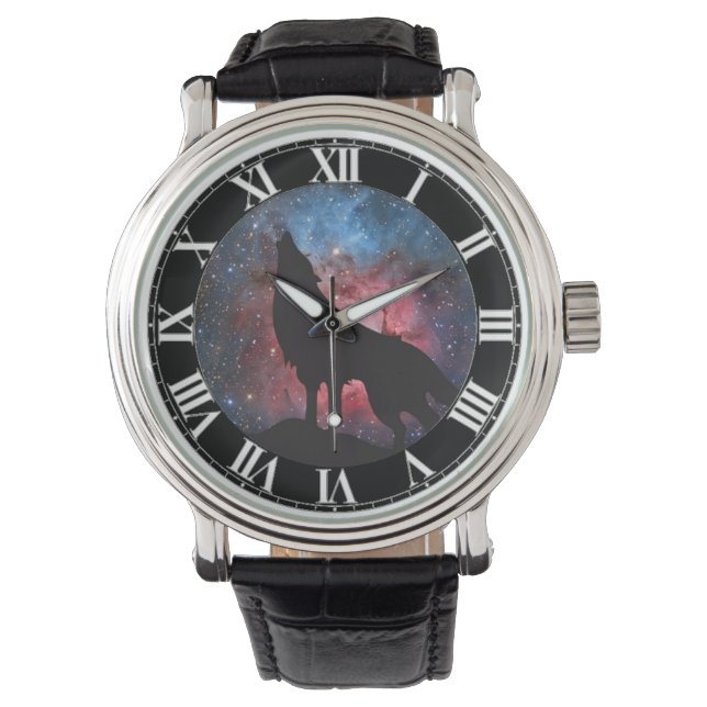 Wolf Howling in Galaxy Armbanduhr (Vorderseite)