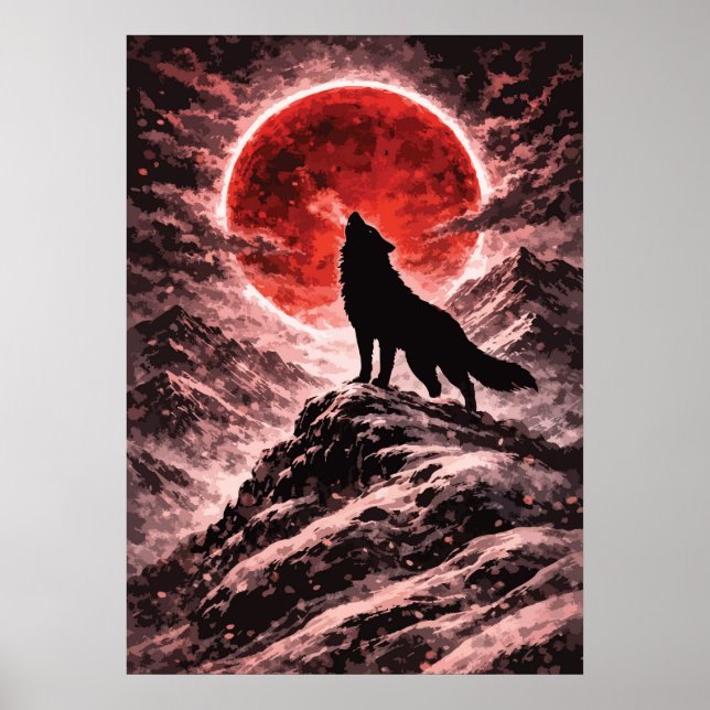 Wolf Howling In Red Moon Light - Japanese Art Poster (Vorne)