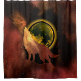 WOLF HOWLING IN SPACE MOON GALAXY DUSCHVORHANG