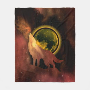 WOLF HOWLING IN SPACE MOON GALAXY FLEECEDECKE