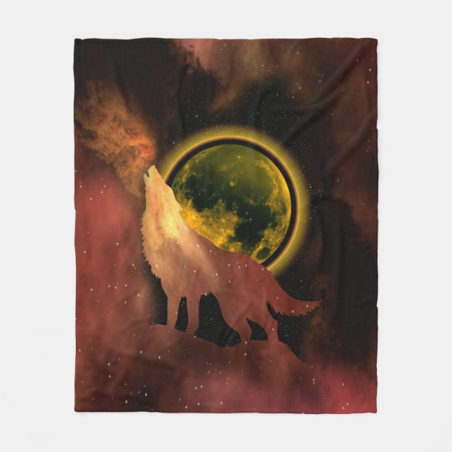 WOLF HOWLING IN SPACE MOON GALAXY FLEECEDECKE (Vorderseite)