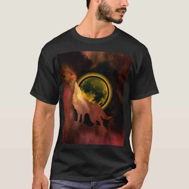 WOLF HOWLING IN SPACE MOON GALAXY T-Shirt (Vorderseite)