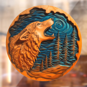 Wolf Howling Moon Imitate Wood Carving Wild Nature Fensteraufkleber