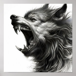 Wolf howling pencil art poster