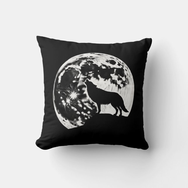 Wolf Howling Silhouette gegen einen Vollmond Kissen (Vorderseite)