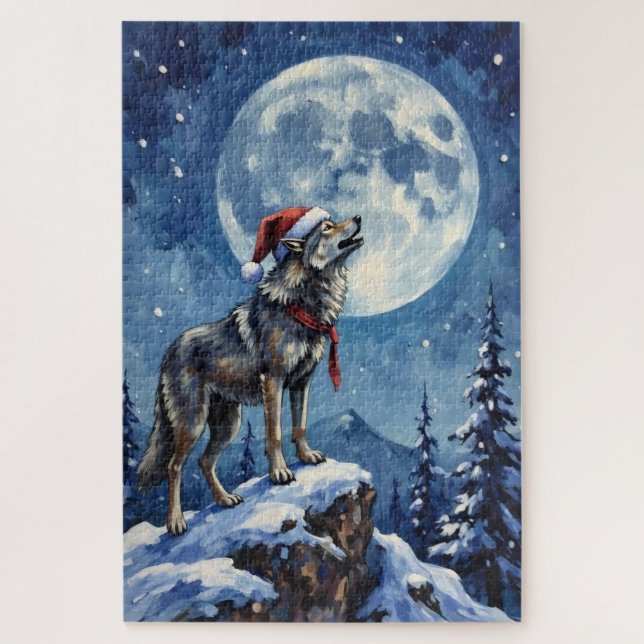 Wolf Howling Under the Christmas Moon Hat Puzzle (Vertikal)