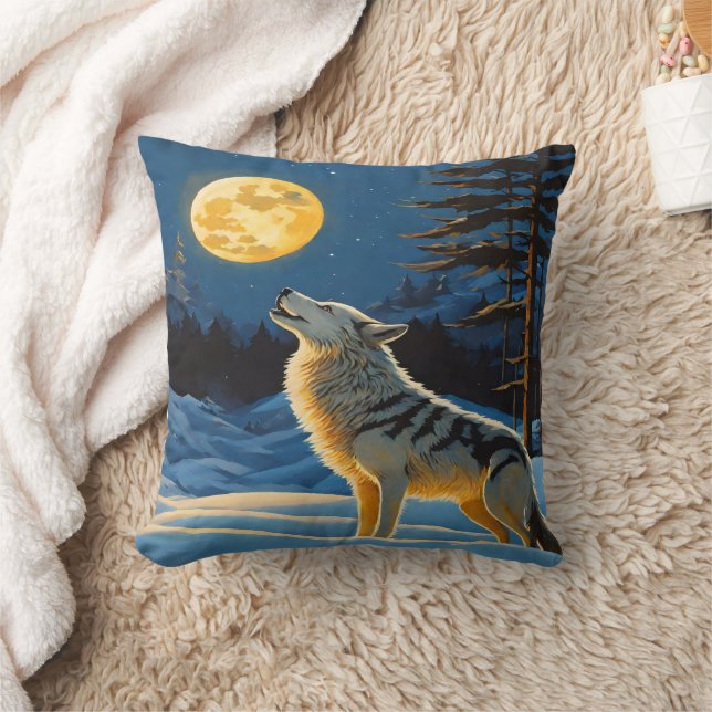 Wolf Howling unter Vollmond im Winter Landschaft Kissen (Decke)