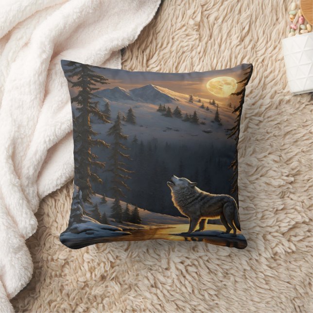 Wolf Howling unter Vollmond im Winter Landschaft Kissen (Decke)