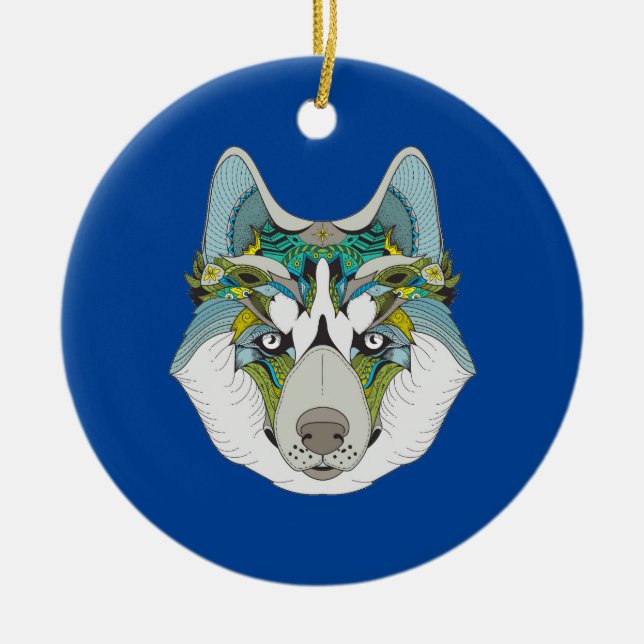 Wolf Husky schmückt grünblau Keramik Ornament (Vorne)