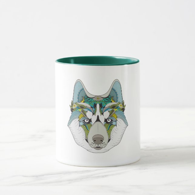 Wolf Husky schmückt grünblau Tasse (Zentrum)