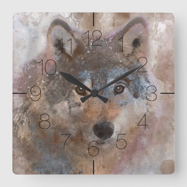 Wolf im Aquarell Quadratische Wanduhr (Vorderseite)