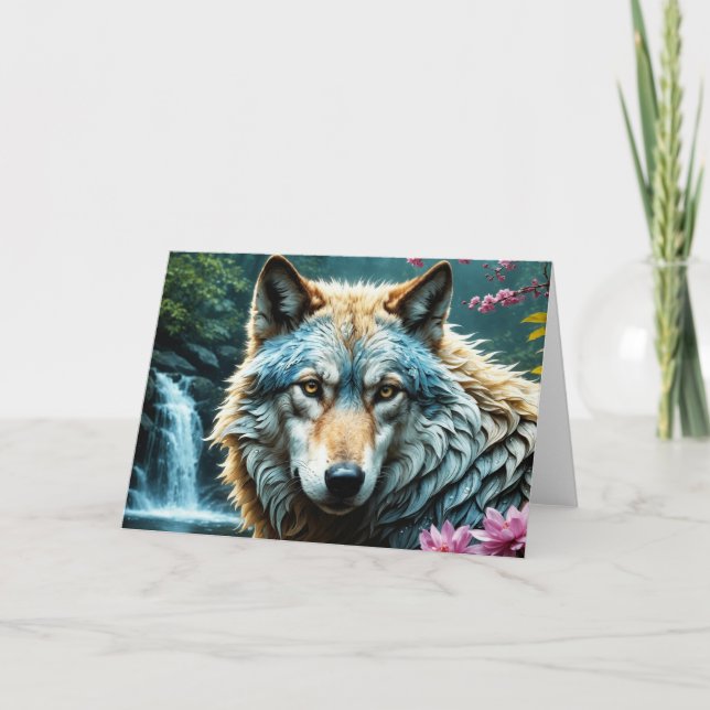 Wolf im Fluss Stehend mit Blume Dankeskarte (Vorderseite)