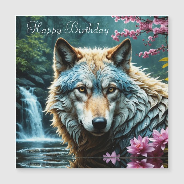 Wolf im Fluss Stehend mit Blume Geburtstag Magnetkarte (Vorderseite)