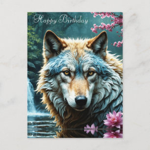 Wolf im Fluss Stehend mit Blume Geburtstag Postkarte