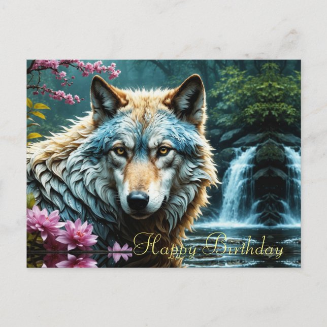 Wolf im Fluss Stehend mit Blume Geburtstag Postkarte (Vorderseite)