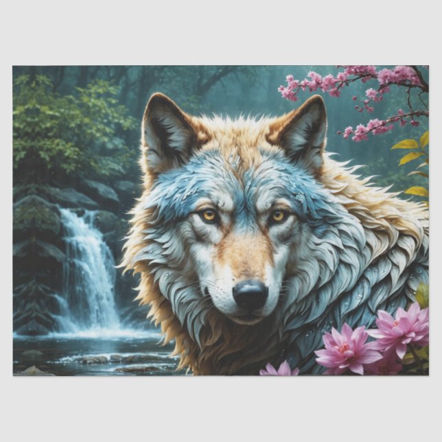 Wolf im Fluss Stehend mit Blume Seidenpapier (Vorderseite)